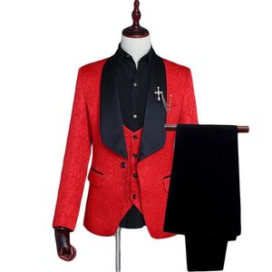 Loldeal Groom Tuxedos Red White Suit Men 2021 Slim Fit Sacil Kołnierze na modę ślubną Jacquard 3 -części