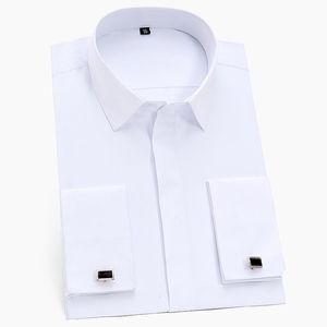 Men's Casual Shirts France Cufflinks Men TuxedoBusiness Social Long Sleeve Covered Button Plain Solid Mens Dress Shirt White Light Blue Pink 230822