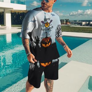 Men's Tracksuits Short Sleeve T-Shirt Set 3D Christmas Pumpkin Lights Scary Pattern Oversized Round Neck 2 Piece Queue Quick Dry