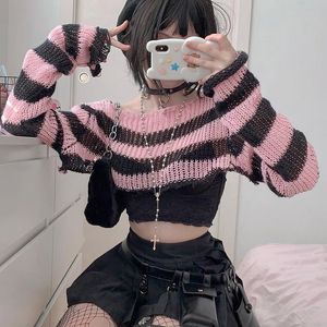 Women's Blouses Pink And Black Stripes Hollowed Out Woolen Blouse Girl Loose Everything Ultra Short Smock