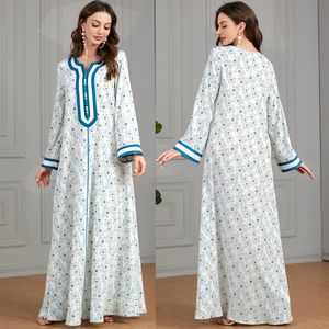QNPQYX New Muslim New Printed Maxi Robe Long Sleeve Women's Dresses Casual Splicing V-Neck Embroidery Long Dresses 3517