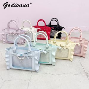 Cosmetic Bags Cases Japanese Style Ruffled Beaded Bow Portable Shoulder Messenger Bag Sweet and Cute Women Girls Leather Handbags 230821