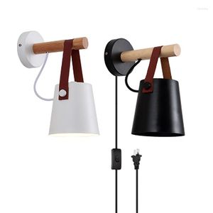 Wall Lamp Nordic Belt Wood Lights Vintage Loft Bedroom Beside E27 Lamps Black & White Lampshade With US/EU Plug For Home Decor