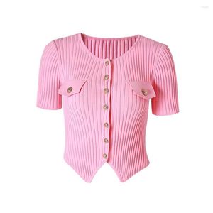 Damen T -Shirts 2023 Hochwertiger Sommerrundhals Kurzschlärm Unregelmäßiges dünnes Strick -Top -Nischen -Design frisches und süßes Temperamenthemd
