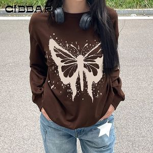 Mulheres Hoodies Moletons CIBBAR Vintage Bonito Impressão Pulôveres Grunge 2000s Borboleta Gráfico Solto Manga Longa Mulheres Moletom Y2K Outfits 90s 230826