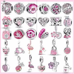 925 Silver för pandora charms smycken pärlor 925 armband rosa färg flamingo charm blomma skalle hjärtflicka hund tass charms set hänge diy fina pärlor smycken