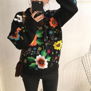 여자 스웨터 슈퍼 헤비 산업 빈티지 수 놓은 꽃 풀오버 블랙 스웨터 느슨한 둥근 목 길이 슬리브 풀