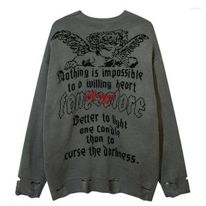 Sweaters masculinos outono inverno rasgado buraco punk suéter de hiphop masculino superdimensionado bordado escuro letras pulôver de grafite de estilo coreano