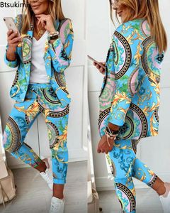 Women's Two Piece Pants Fashion Women Two Piece Set Outfits Spring Autumn Women Turn Down Print Blazer Coat Drawstring Pants Suit Women Casual Set 230821