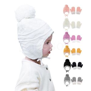 Cute Pompom Baby Hat Gloves Set Warm Winter Kids Beanie Hats Crochet Solid Color Ear Protection Toddler Children Bonnet Cap dd667