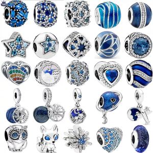 925 Sterling Srebrny Dangle Charm Niebo Blue Series Butterfly Kwiat jednorożca gwiazdy Księżyc sowy płaski koralik do pandora uroków Autentyczny 925 srebrnych koralików