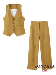 Women's Suits Blazers KONDALA Office Lady Linen Brown Suits Women V Neck Single Buttons Vest BlazerHigh Waist Wide Leg Pants Fashion Summer Sets 230821