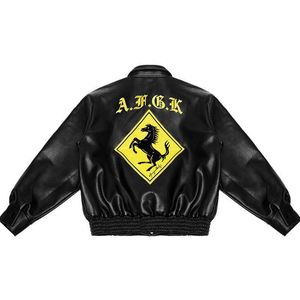 Men's Jackets Men Women Leather Jacket Autumn Thicken Windproof Loose Bomber Jackets Street Hip Hop Horse Embroidery Warm Winter Coats Black J230821