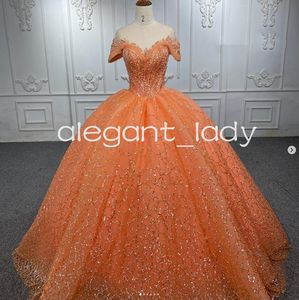 Orange Sheer Neck Princess Quinceanera Dresses Short Sleeve Gillter Sequins Beaded Lace-up Corset vestidos quince anos