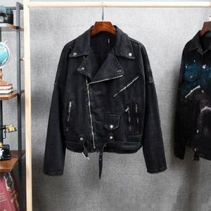 Tasarımcı Denim Ceket High Street Moda Markası Kalınlaştırılmış Punk Eğik Fermuarı Kişiselleştirilmiş İnce Fit Denim Ceket Denim Gözyaşı Ceket