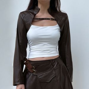 Kvinnors jackor oregelbundna stand-up krage pu läder smal jacka retro brun all-match ultra kort smockrock