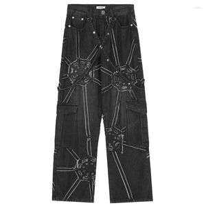 Mäns jeans harajuku vintage gotiska flera fickor svart bred ben män kvinnor denim byxor hip hop streetwear punk byxor overallierar