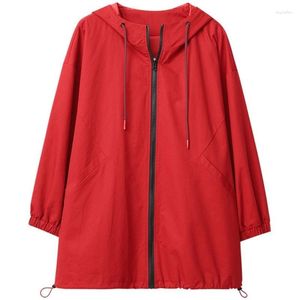 Kvinnors trenchrockar Spring Autumn Short Windbreaker Women 2023 Drawstring Hooded Coat Röd Löst ytterkläder Fashion Pocket Overcoat Kvinna