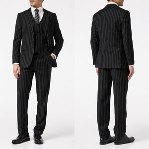 Pinstriped Men's Wedding Sime Slim Fit Tuxedos 3 stycken Notch Lapel Groom Wear Business Jacket med byxor Vest Custom Made