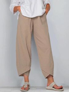 Calça feminina 2023 linho de algodão de outono de tamanho grande preto de perna larga feminina casual calças de moda solta