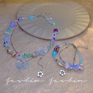 Подвесные ожерелья Harajuku Blue Flower Tassel Ожерелье Жемчужное браслет с бисером для женщин Эстетическое обаяние двойное слое