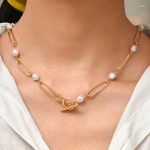 Kedjor Fashion Long Link Splicing Pearl Pärled Chain Necklace For Women Minimalist Toggle Clasp Trendy Jewelry Gifts