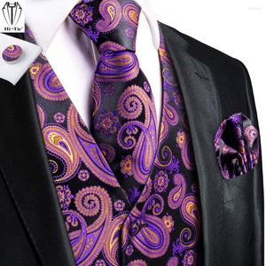 Men's Vests Hi-Tie Purple Paisley Silk Mens Vest Tie Set Jacquard Waistcoat Sleeveless Jacket Necktie Pocket Square Cufflinks Wedding Work