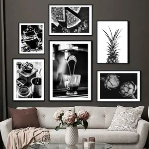 キャンバスペインティングヴィンテージの黒と白のコーヒーメーカーのポスターとリビングルームバーベッドルームの装飾用の印刷ウォールアートパイナップル写真