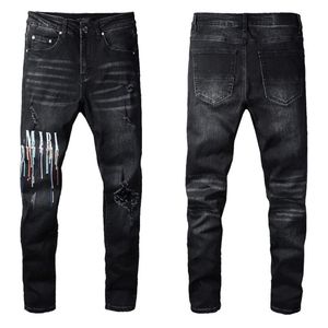 Herren Jeans Schaumenspray Farbe Bunte Druckbuchstaben Denim Black Skinny Ripped Jeans272y