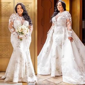 Wunderschönes Plus -Size -Meeresjungfrau Brautkleider Brautkleid mit abnehmbarem Zug Langärmele Spitzenapplikation Custom Made Juwel Ausschnitt Vestido de Novia 2023