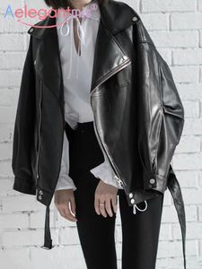 Womens Leather Faux Aelegantmis Loose Women Soft Jacket With Belt Black Pu Biker Lady Basic Coat Street Casual Outerwear 230822