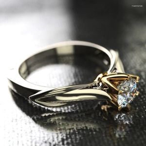 Bröllopsringar Huitan Trendy Two Tone Style Finger Ring Female Band smycken med bländande Zirconia Fashion Women Engagementtillbehör