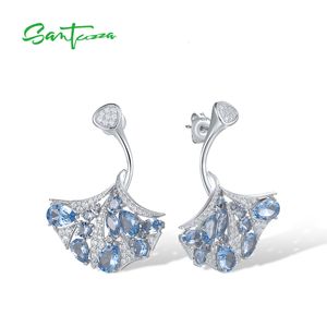 Ear Cuff SANTUZZA 925 Sterling Silver Earrings For Women Sparkling Sky Blue Spinel White CZ Vivid Leaf Anniversary Fine Jewelry 230822