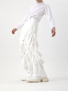Calças masculinas 2023 homens Mulheres vestirem o botão de metal plissado de calças tridimensionais de perna larga larga de pernas largas mais trajes de tamanho 27-46