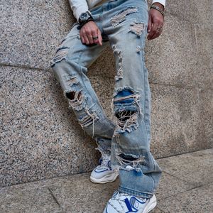 Men's Ripped Stacked Jeans Vintage casual Denim Pants Streetwear Loose Fitting High Street Wide Leg Pants