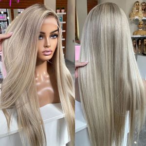 Glueless Platinum Blonde Full Lace 100% Indian Human Hair Highlight Silver Grey Straight/Wave 13x6 Transparent HD Lace Wig