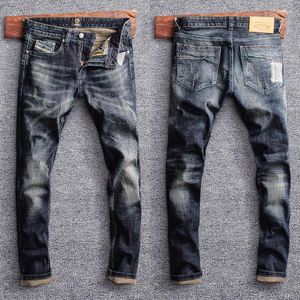 Men's Jeans Fashion Streetwear Men Retro Black Blue Elastic Slim Fit Ripped Patchwork Designer Vintage Casual Denim Pants