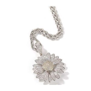 Pendant Necklaces Hip Hop Rotatable Sunflower Necklace Fl Bling Zircon 18K Real Gold Plated Jewelry Drop Delivery Pendants Dhrlz Otkp0