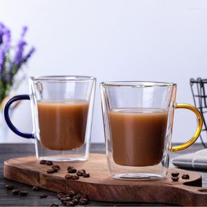 Wine Glasses Double Layer Coffee Cup With Color Handle Thermal Insulation Glass Tea Creative Gift Drink Milk