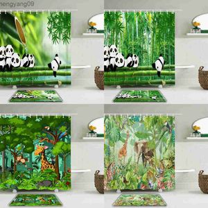 Shower Curtains Cute Cartoon Animal Panda Shower Curtain Set And Rug Waterproof Fabric Bathroom Curtain For Non-slip Mat Bath Home Decor R230822