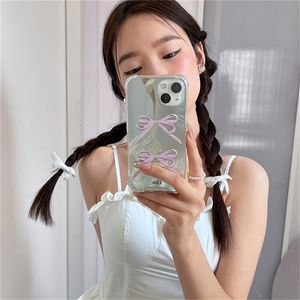 Ins Korean Cute Pink Bowknot Mirror Phone Case For iPhone 14 13 12 11 Pro Max X XS XR Lovely Shockproof Hard Back Cover Funda