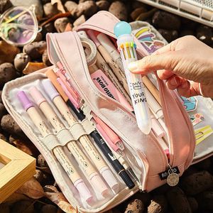 Brinquedos de aprendizagem Angoo Estojo fofo de lona para meninas Macaron Caixa de lápis Multicamadas Bolsa escolar Kawaii Pensil Estojo para caneta Bolsa de armazenamento de papelaria