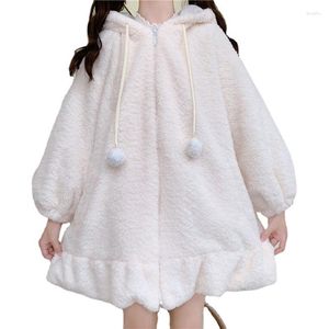 女性のパーカー冬のソフトガールかわいい毛皮のボール耳フード付きフリル模倣模倣ラムウール肥厚した綿パッドコート