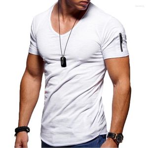 Herr t shirts fanweilin herr mode zip up short hylsa vita tshirts sommar trendyol män v krage fast färg tee skjorta homme koszulki