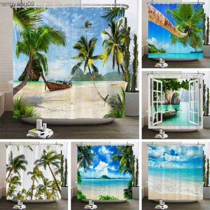 Cortinas de chuveiro de alta qualidade Sunny Beach Impresso Tecido Cortinas de chuveiro Mar Cenário Tela de banho Produtos à prova d'água Decoração de banheiro com R230829