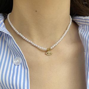 Hänge halsband Evil Blue Eye Zircon Imitation Pearl Necklace For Women Collar Stainless Steel Clasp Gold Color