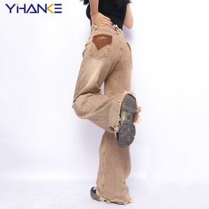 Kadınlar Jean's Haki Kot Pantolon Y2K Yüksek Amerikan Düz Namlu Moda Retro Paspası Geniş Bacak Pantolon Kış Sokak Elbise Bolgy 230823