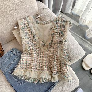 Women's Sweaters Vintage Tweed Vest Slim Crop Tops Autumn Colete Feminino V Neck Knitted Plaid Vest Sweater French Waistcoat Ruffled Blouse 230822