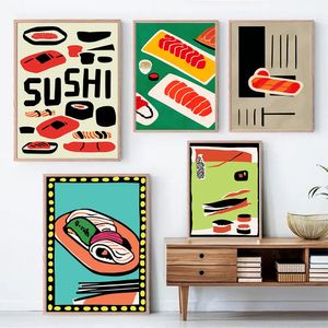 Retro sushi plakat wydruki vintage japońskie jedzenie na płótnie malarstwo ścienne zdjęcia ze strony domu kuchnia jadalnia malowidła ścienne dekoracje wo6