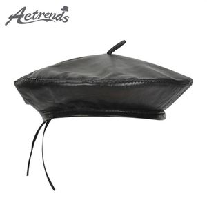 Aetrends Women's Berets Black Real Sheepskin Leather basker Hattar för kvinnor Vattentät platt konstnär HAT Z-10100349N